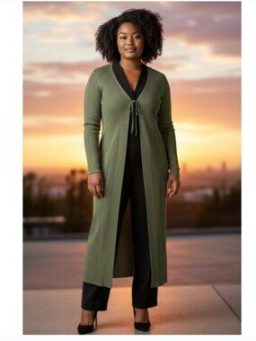 Anthropologie Long Shine Cardigan Duster Sage Green & Gold Lurex Knit Size 2X